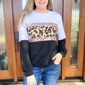 Black and White Colorblock Leopard Print Sweater with Rose Gold Sequin detail